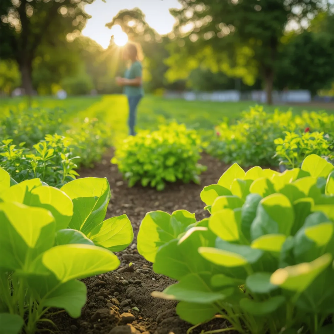 A community garden growing in warm evening light.